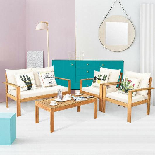 4 Pieces Patio Acacia Wood Thick Cushion Loveseat Sofa Set-White at Set Shop and Smile