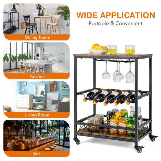 Kitchen Bar Cart Serving Trolley on Wheels with Wine Rack Glass Holder-Rustic Brown at Set Shop and Smile
