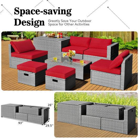 8 Pieces Patio Rattan Furniture Set with Storage Waterproof Cover and Cushion-Red at Set Shop and Smile