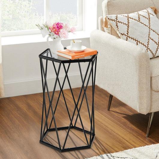 Hexagonal Accent End Table with Tempered Glass Top and Metal Frame at Set Shop and Smile