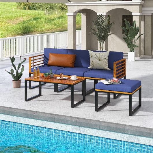 5-Piece Patio Acacia Wood Chair Set with Ottoman and Coffee Table-Navy at Set Shop and Smile