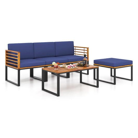 5-Piece Patio Acacia Wood Chair Set with Ottoman and Coffee Table-Navy at Set Shop and Smile