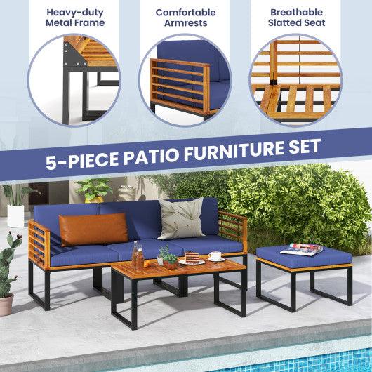 5-Piece Patio Acacia Wood Chair Set with Ottoman and Coffee Table-Navy at Set Shop and Smile