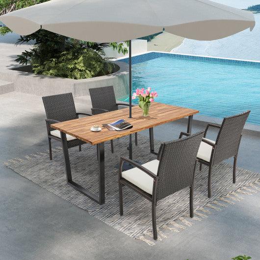 5 Pieces Patio Rattan Dining Set with Umbrella Hole and Seat Cushions at Set Shop and Smile