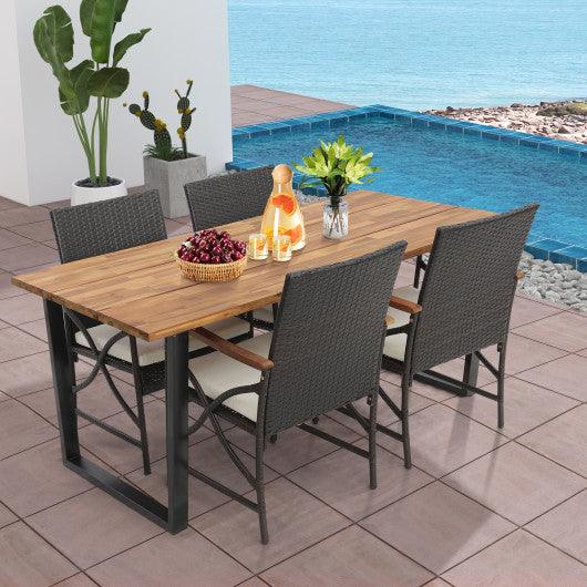 5 Pieces Patio Rattan Dining Set with Acacia Wood Tabletop and Armrests at Set Shop and Smile