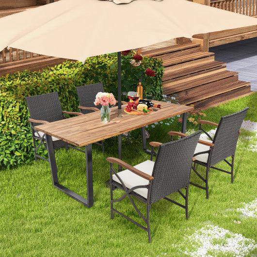 5 Pieces Patio Rattan Dining Set with Acacia Wood Tabletop and Armrests at Set Shop and Smile