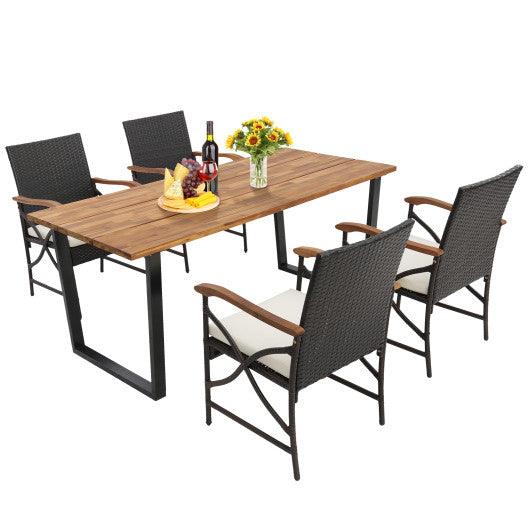 5 Pieces Patio Rattan Dining Set with Acacia Wood Tabletop and Armrests at Set Shop and Smile