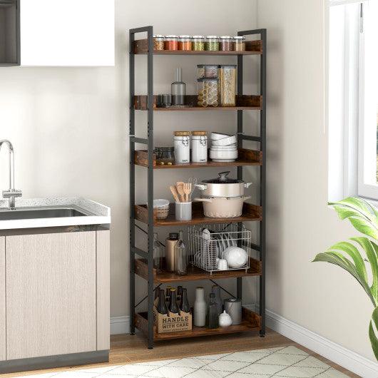 6-Tier Tall Industrial Bookcase with Open Shelves and 4 Hooks-Brown at Set Shop and Smile