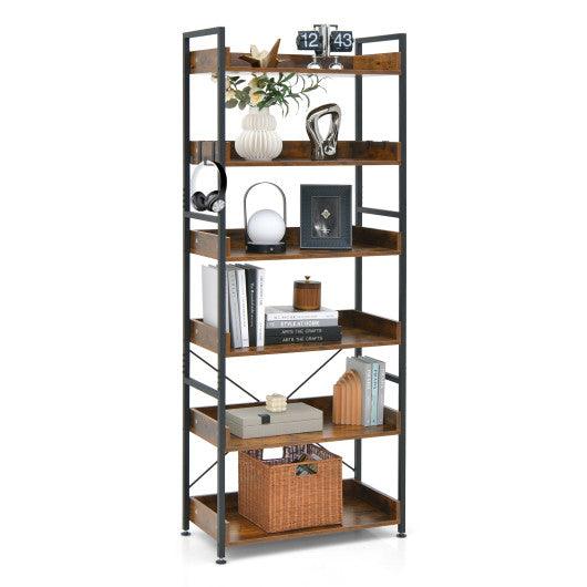 6-Tier Tall Industrial Bookcase with Open Shelves and 4 Hooks-Brown at Set Shop and Smile