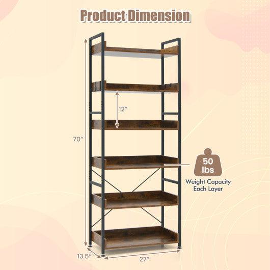 6-Tier Tall Industrial Bookcase with Open Shelves and 4 Hooks-Brown at Set Shop and Smile
