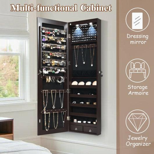 Wall and Door Mounted Mirrored Jewelry Cabinet with Lights-Brown at Set Shop and Smile