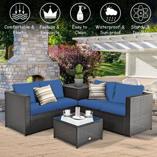 4 Pieces Outdoor Patio Rattan Furniture Set with Cushioned Loveseat and Storage Box-Navy at Set Shop and Smile