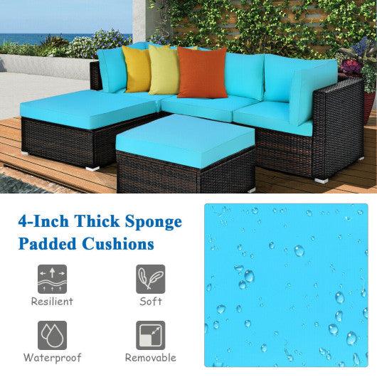 5 Pieces Patio Rattan Sectional Conversation Ottoman Furniture Set-Blue at Set Shop and Smile
