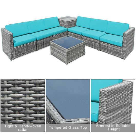 8 Piece Wicker Sofa Rattan Dinning Set Patio Furniture with Storage Table-Turquoise at Set Shop and Smile