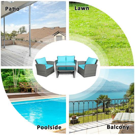 4 Pieces Patio Rattan Furniture Set Sofa Table with Storage Shelf Cushion-Turquoise at Set Shop and Smile