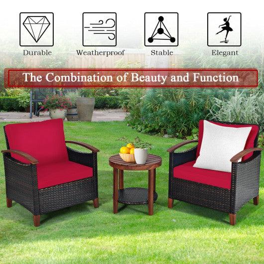 3 Pieces Patio Rattan Furniture Set with Washable Cushion and Acacia Wood Tabletop-Red at Set Shop and Smile