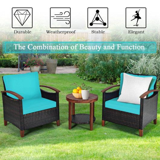 3 Pieces Patio Rattan Furniture Set with Washable Cushion and Acacia Wood Tabletop-Turquoise at Set Shop and Smile