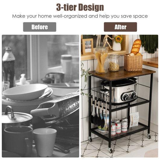 3-Tier Kitchen Serving Cart Utility Standing Microwave Rack with Hooks Brown at Set Shop and Smile