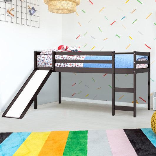 Twin Size Low Sturdy Loft Bed with Slide Wood-Dark Brown at Set Shop and Smile