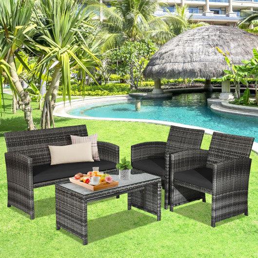 4 Pieces Patio Rattan Furniture Set with Glass Table and Loveseat-Black at Set Shop and Smile