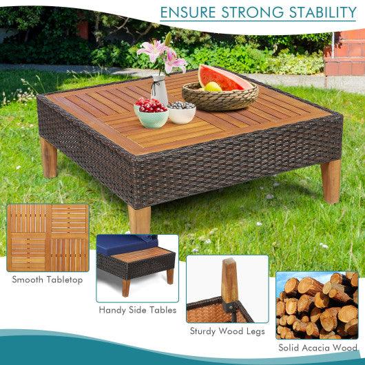 4 Pieces Patio Cushioned Rattan Furniture Set with Wooden Side Table-Navy at Set Shop and Smile