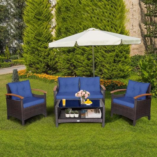 4 Pieces Patio Rattan Furniture Set with Cushioned Sofa and Storage Table-Navy at Set Shop and Smile