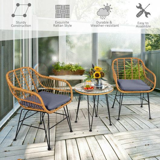 3 Pieces Rattan Furniture Set with Cushioned Chair Table-Gray at Set Shop and Smile