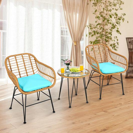 3 Pieces Rattan Furniture Set with Cushioned Chair Table-Turquoise at Set Shop and Smile