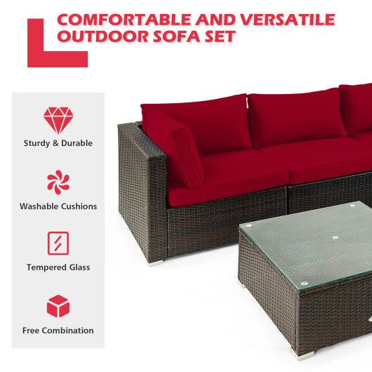 5 Pieces Cushioned Patio Rattan Furniture Set with Glass Table-Red at Set Shop and Smile