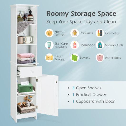Bathroom Tall Freestanding Storage Cabinet with Open Shelves and Drawer-White at Set Shop and Smile