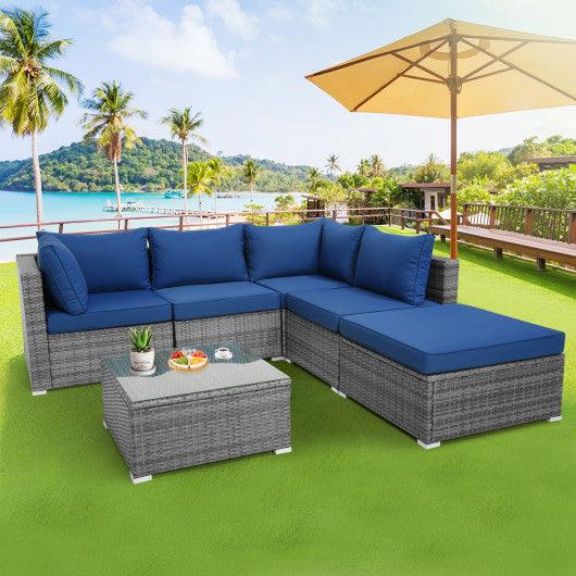 6 Pieces Outdoor Rattan Sofa Set with Seat and Back Cushions-Navy at Set Shop and Smile
