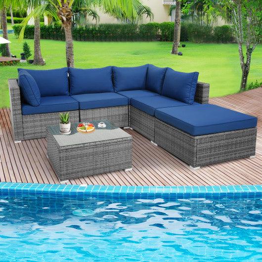 6 Pieces Outdoor Rattan Sofa Set with Seat and Back Cushions-Navy at Set Shop and Smile