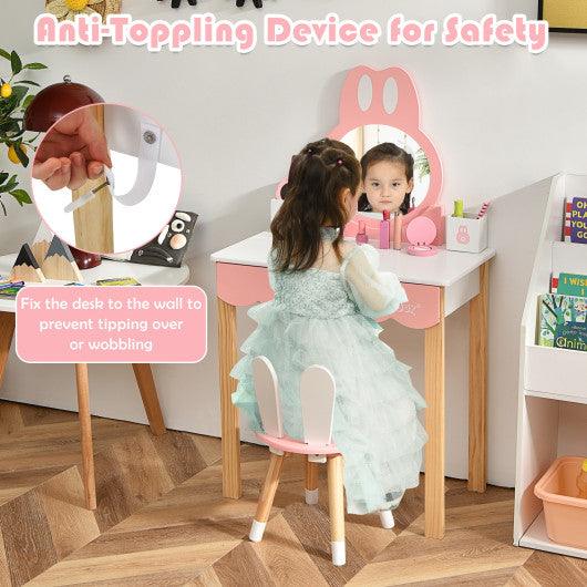 Kids Vanity Set Rabbit Makeup Dressing Table Chair Set with Mirror and Drawer-White at Set Shop and Smile