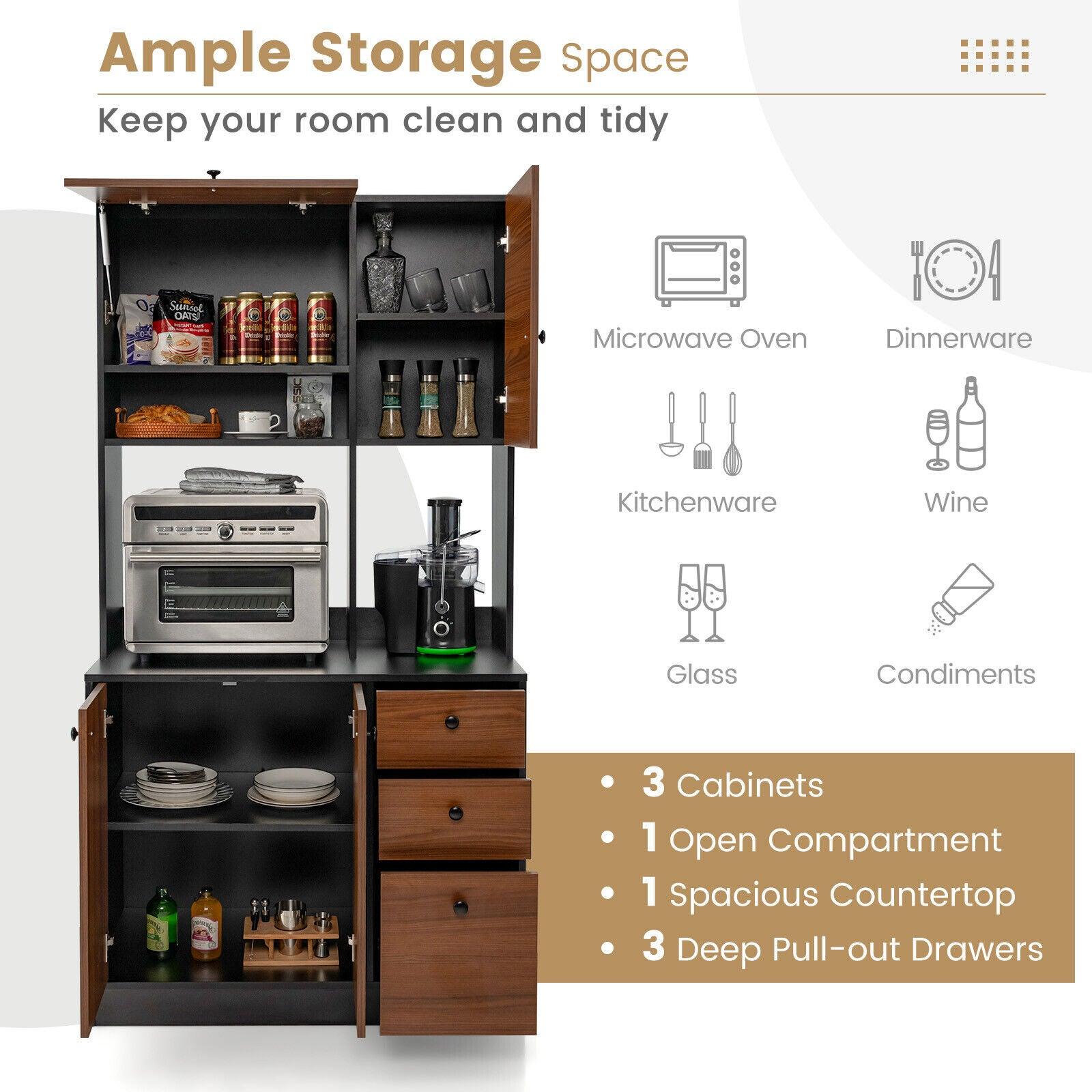 71 Inch Kitchen Pantry with 3 Storage Cabinet and 3 Deep Drawers-Walnut at Set Shop and Smile