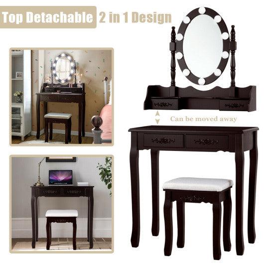 Makeup Dressing Table with Touch Switch Lighted Mirror and Cushioned Stool-Brown at Set Shop and Smile