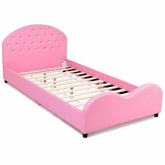 Twin Size Upholstered Platform Toddler Bed with Wood Slat Support at Set Shop and Smile