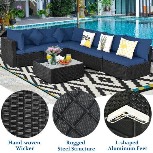 7-Piece Outdoor Sectional Wicker Patio Sofa Set with Tempered Glass Top-Navy at Set Shop and Smile