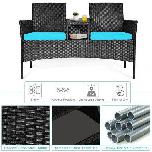 Wicker Patio Conversation Furniture Set with Removable Cushions and Table-Turquoise at Set Shop and Smile