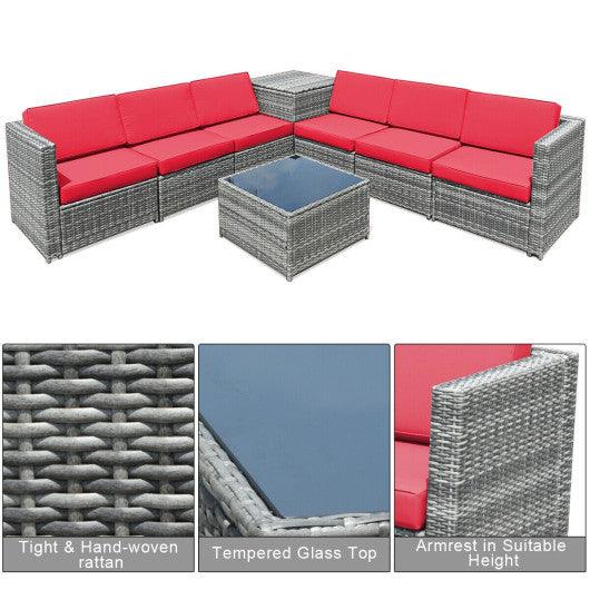 8 Piece Wicker Sofa Rattan Dinning Set Patio Furniture with Storage Table-Red at Set Shop and Smile