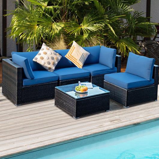 5 Pieces Cushioned Patio Rattan Furniture Set with Glass Table-Navy at Set Shop and Smile