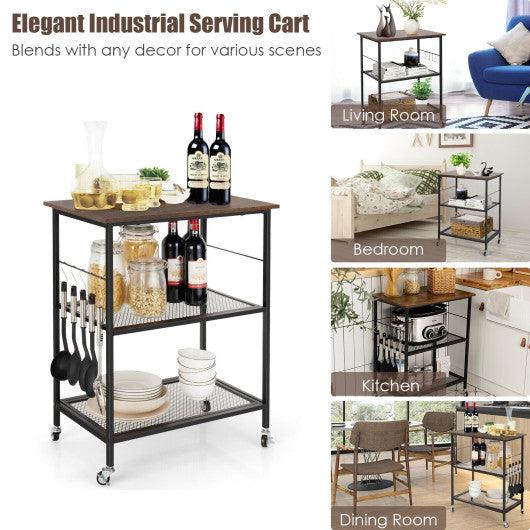 3-Tier Kitchen Serving Cart Utility Standing Microwave Rack with Hooks Brown at Set Shop and Smile