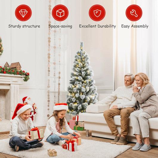 5 Feet Pre-Lit Hinged Christmas Tree Snow Flocked with 9 Modes Remote Control Lights at Set Shop and Smile