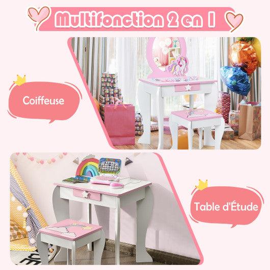 Kids Wooden Makeup Dressing Table and Chair Set with Mirror and Drawer-White at Set Shop and Smile