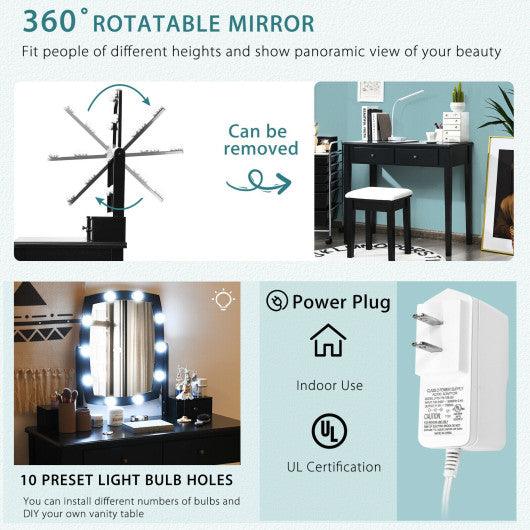 Vanity Table Set with Lighted Mirror for Bedroom and Dressing Room-Black at Set Shop and Smile