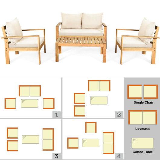 4 Pieces Patio Acacia Wood Thick Cushion Loveseat Sofa Set-White at Set Shop and Smile