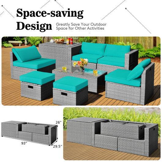 8 Pieces Patio Rattan Furniture Set with Storage Waterproof Cover and Cushion-Turquoise at Set Shop and Smile