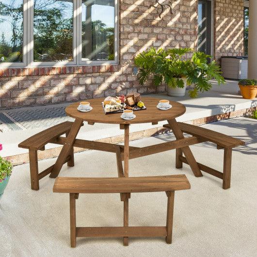 6-person Round Wooden Picnic Table with Umbrella Hole and 3 Built-in Benches-Dark Brown at Set Shop and Smile