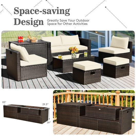 8 Pieces Patio Space-Saving Rattan Furniture Set with Storage Box and Waterproof Cover-White at Set Shop and Smile