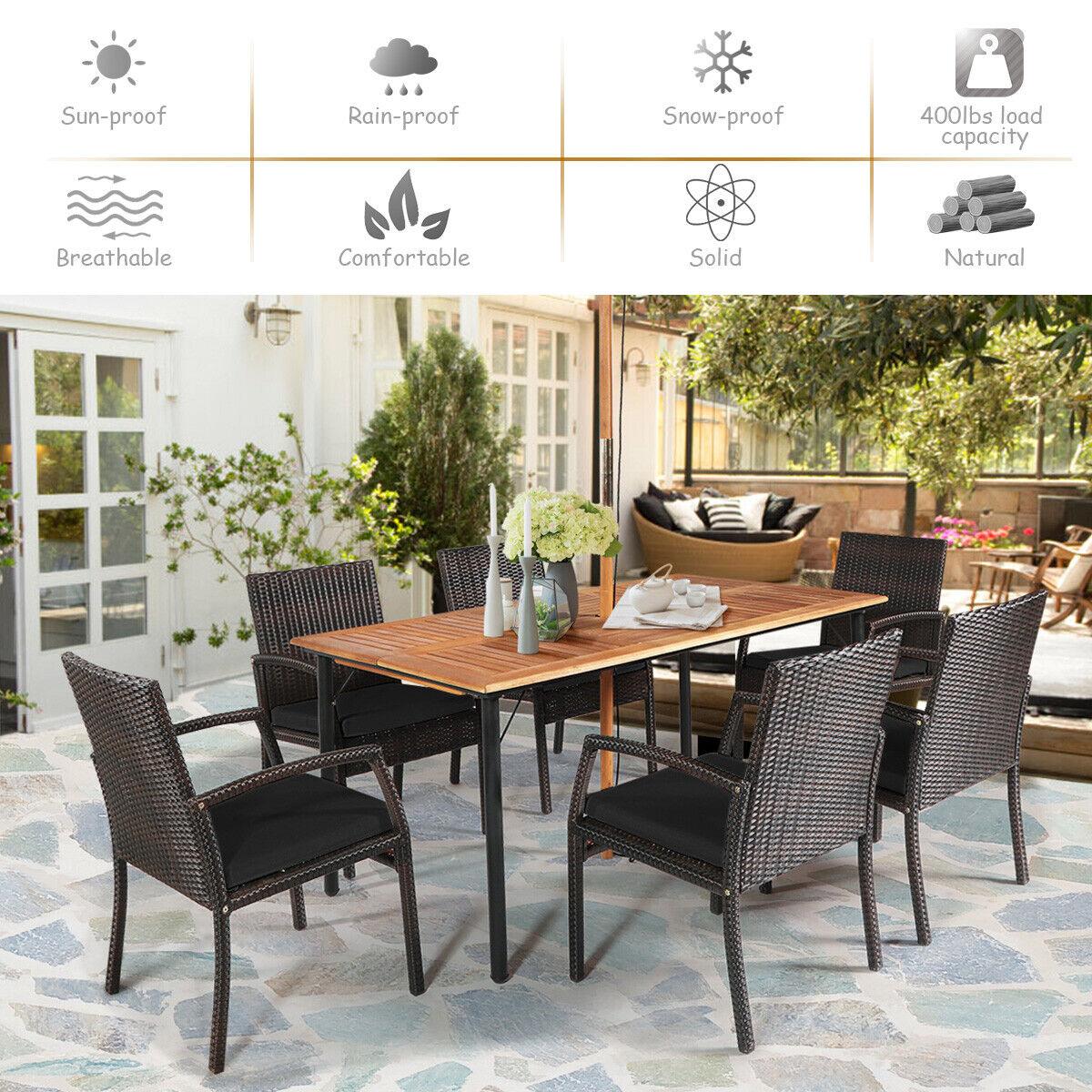 7 Pieces Patio Rattan Cushioned Dining Set with Umbrella Hole-Black at Set Shop and Smile