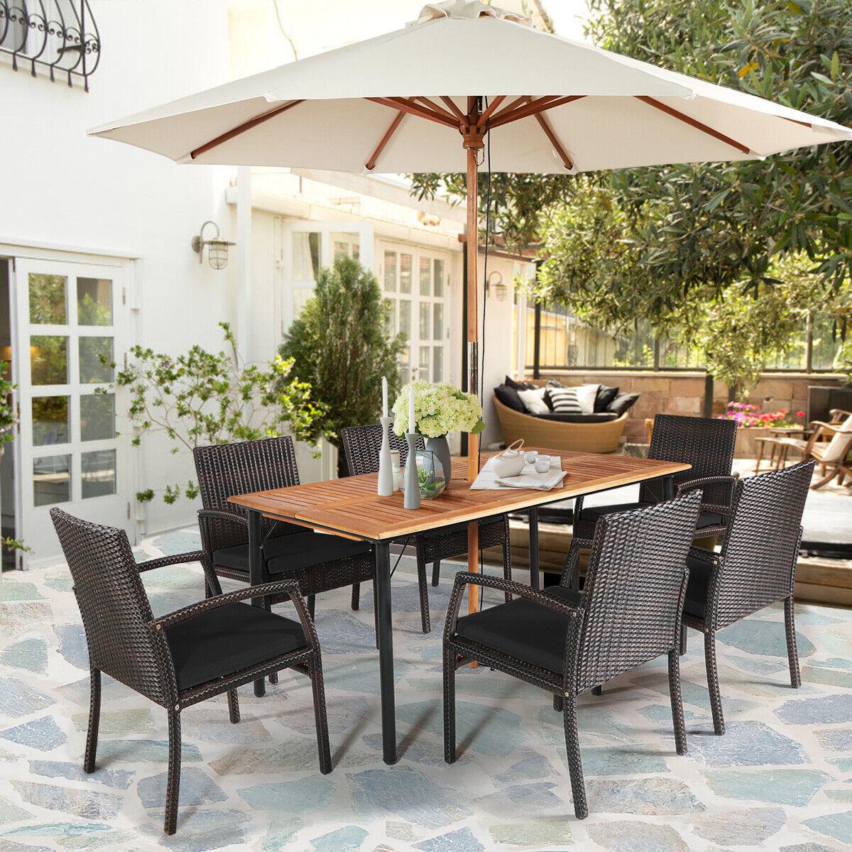 7 Pieces Patio Rattan Cushioned Dining Set with Umbrella Hole-Black at Set Shop and Smile